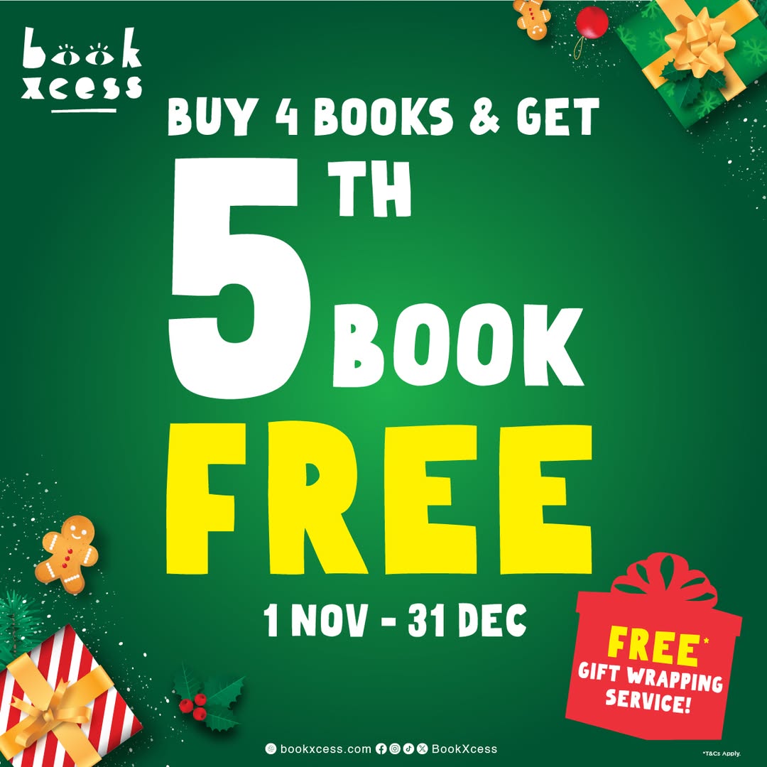 Festive book display and shoppers at BookXcess during the holiday season