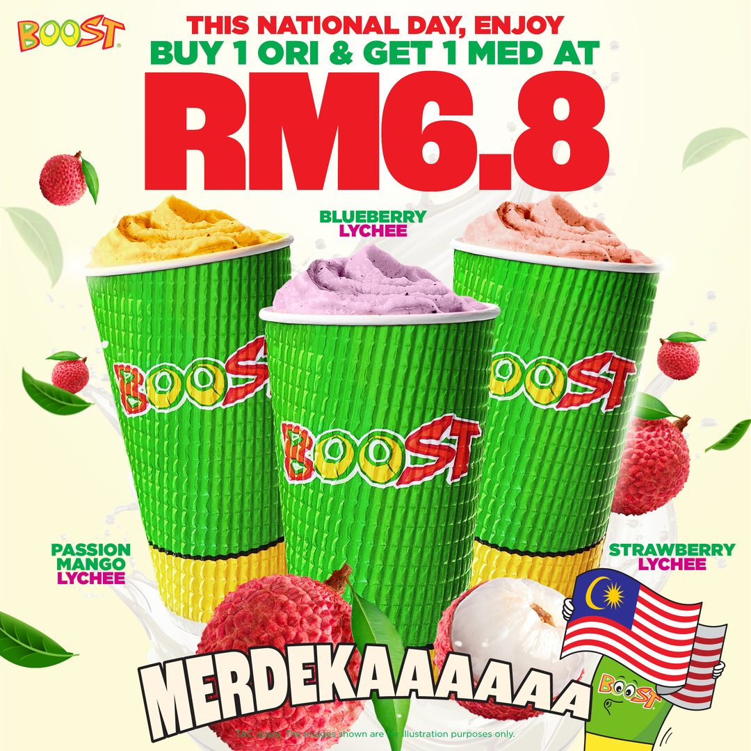 Two refreshing Boost Juice drinks, an Original and a Medium, representing a special Merdeka offer.