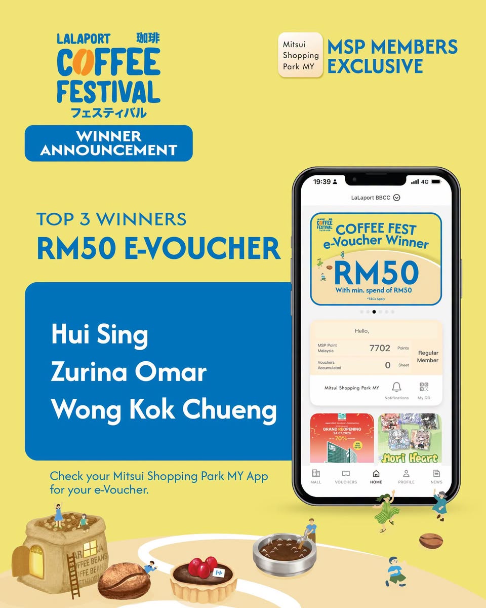 Coffee Fest RM50 e-voucher winner on Mitsui Shopping Park MY app