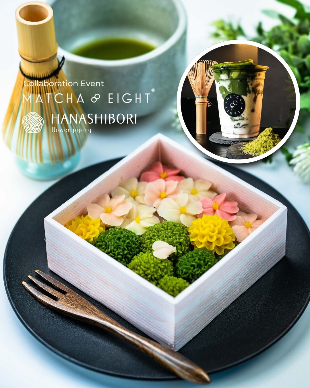 A beautifully crafted edible flower dessert box next to a cup of matcha latte, representing the workshop activities.