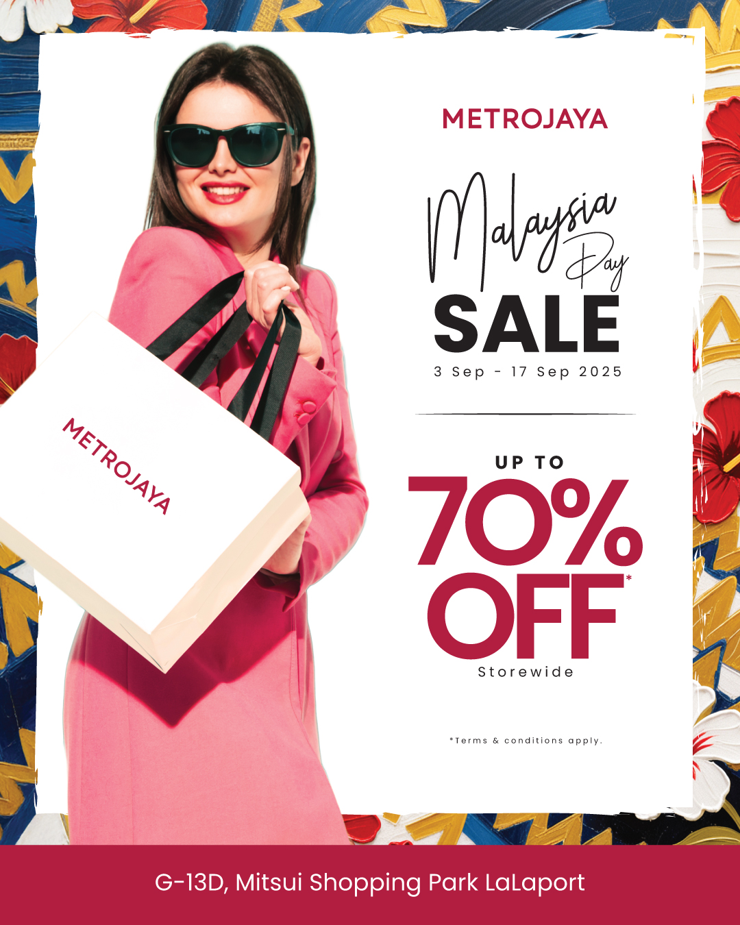 A vibrant image showcasing a retail store entrance with a 'Malaysia Day Sale' banner, inviting shoppers to celebrate with discounts.